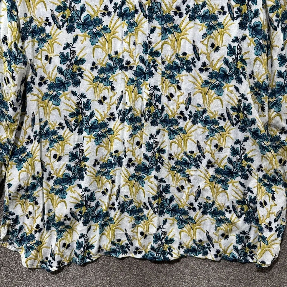 J Jill Button Up Blouse Top Womens Medium Floral Bird Print Rayon Cottage Nature
